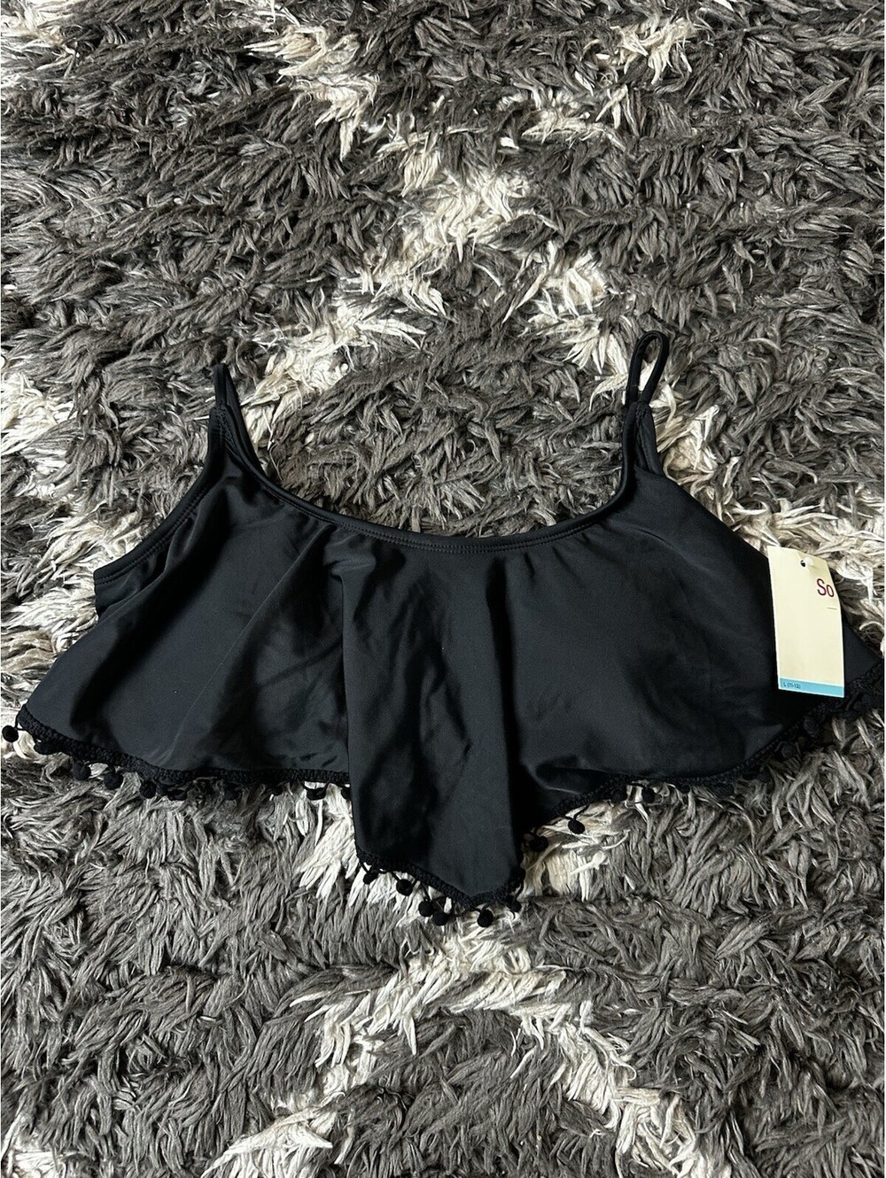 NWT SO Bikini Top Womens Large Black Flounce Pom Pom Trim Tankini Swimwear